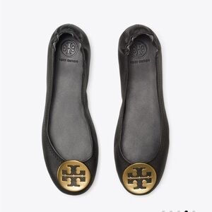 TORY BURCH Black Gold MINNIE TRAVEL BALLET Flat Leather Logo Shoe Sz 6